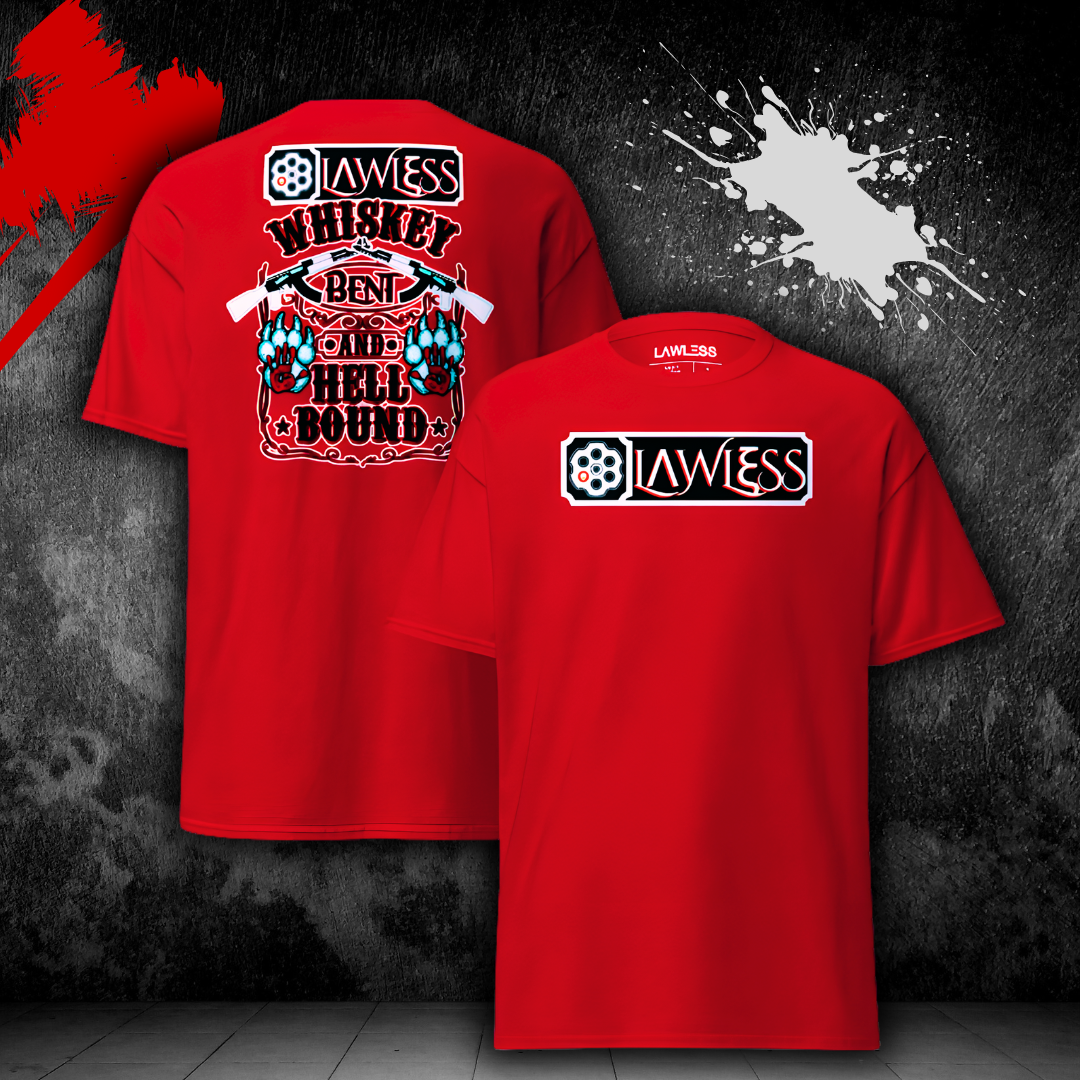 LAWLESS Whiskey Bent Hell Bound red t-shirt back graphic detail outlaw typography design