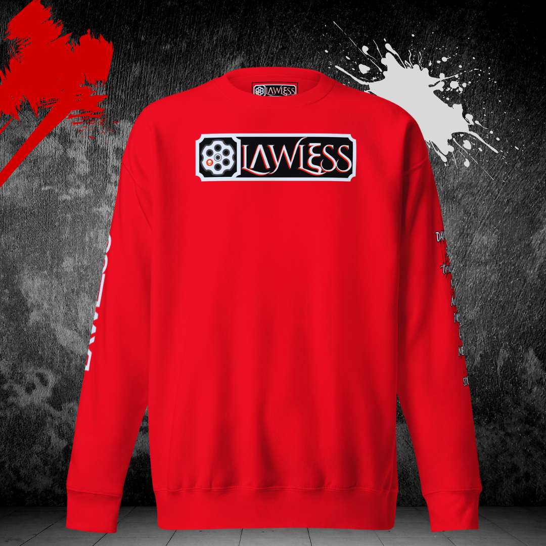Man wearing red LAWLESS outlaw crewneck sweatshirt heavyweight streetwear pullover