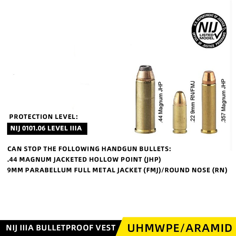 Bulletproof vest components with bullet casings and certification label on a white background