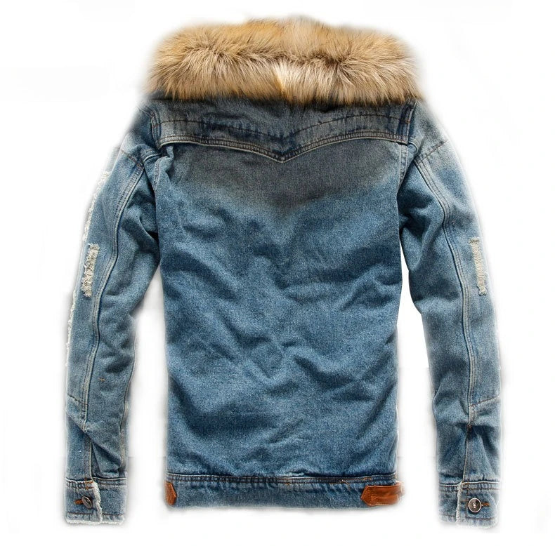 LΛWLΞSS Men's Winter Denim Jacket - Fleece Lined Fur Collar Jean Coat