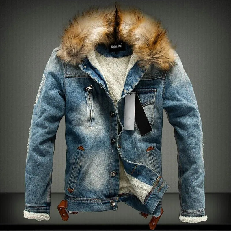 LΛWLΞSS Men's Winter Denim Jacket - Fleece Lined Fur Collar Jean Coat