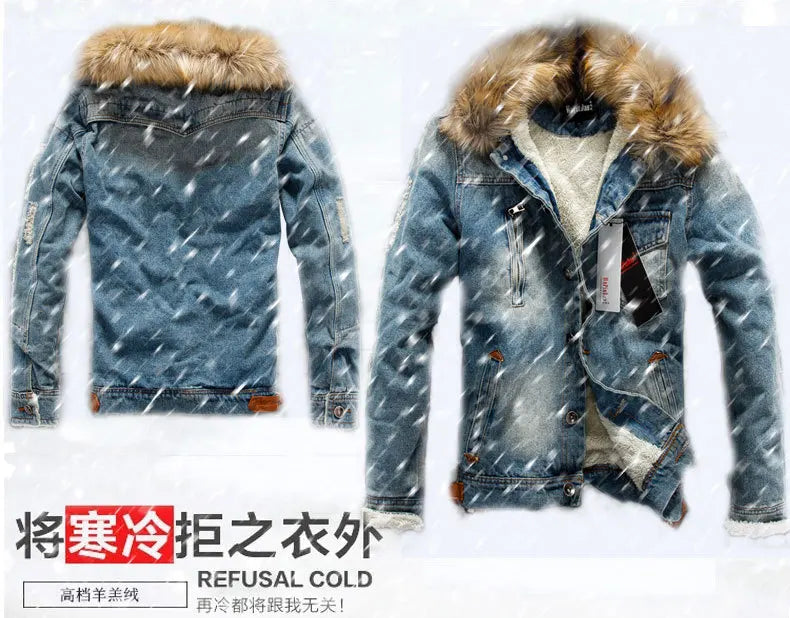 LΛWLΞSS Men's Winter Denim Jacket - Fleece Lined Fur Collar Jean Coat