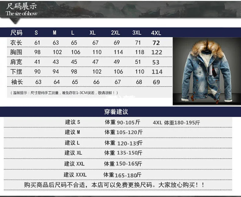 LΛWLΞSS Men's Winter Denim Jacket - Fleece Lined Fur Collar Jean Coat