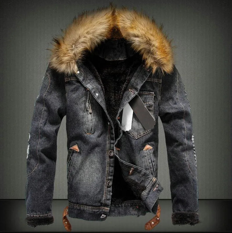 LΛWLΞSS Men's Winter Denim Jacket - Fleece Lined Fur Collar Jean Coat