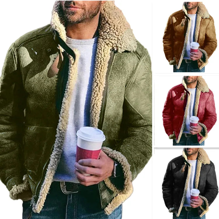 Man wearing a green shearling jacket holding a red cup, with additional images of similar jackets in different colors.
