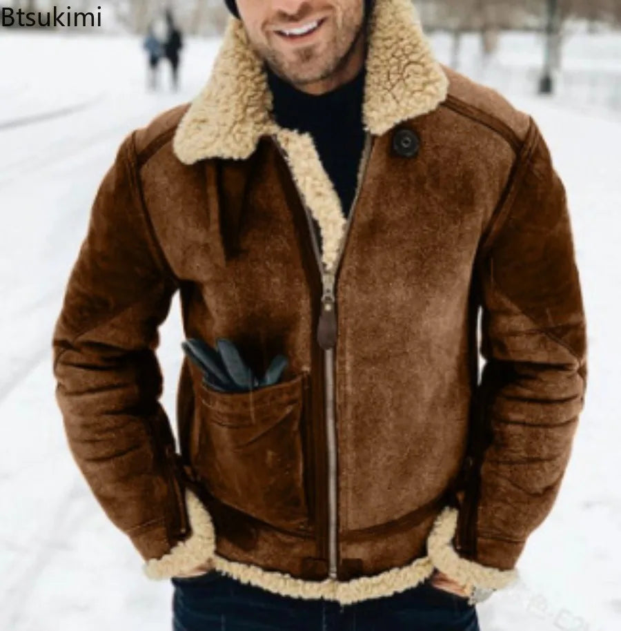 Man wearing a brown shearling jacket in a snowy setting