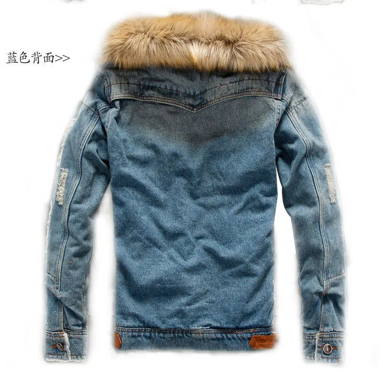LΛWLΞSS Men's Winter Denim Jacket - Fleece Lined Fur Collar Jean Coat