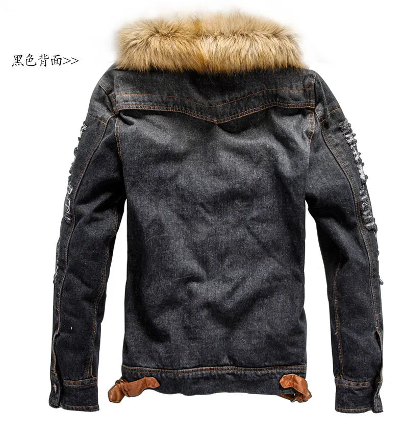 LΛWLΞSS Men's Winter Denim Jacket - Fleece Lined Fur Collar Jean Coat