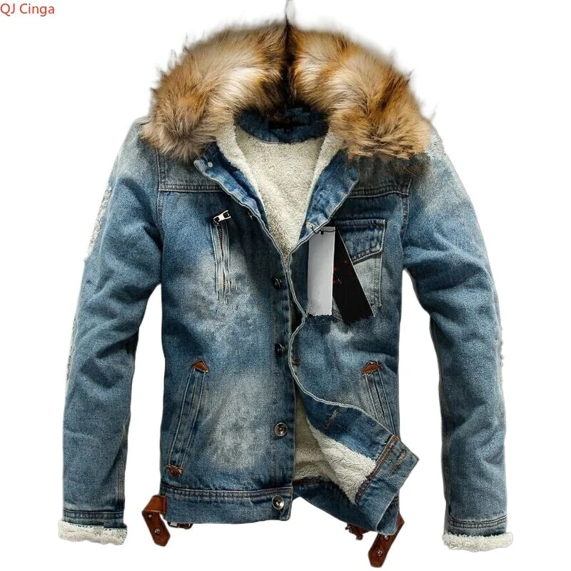 LΛWLΞSS Men's Winter Denim Jacket - Fleece Lined Fur Collar Jean Coat