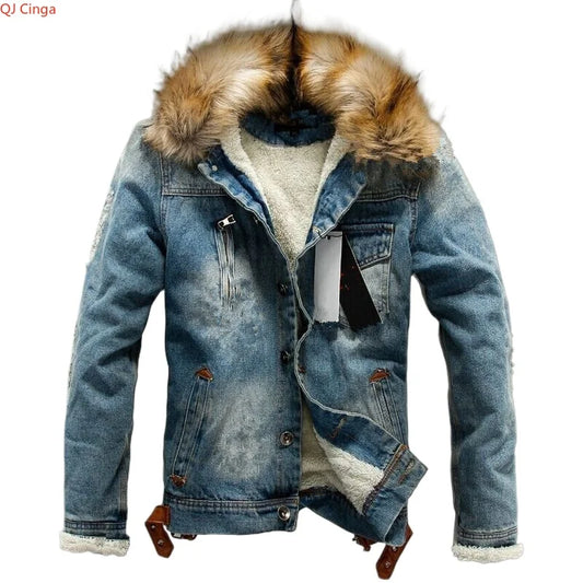 LΛWLΞSS Men's Winter Denim Jacket - Fleece Lined Fur Collar Jean Coat