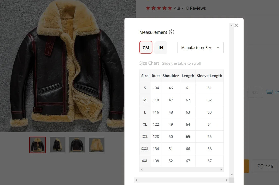 Shearling jacket with size chart overlay on a gray background