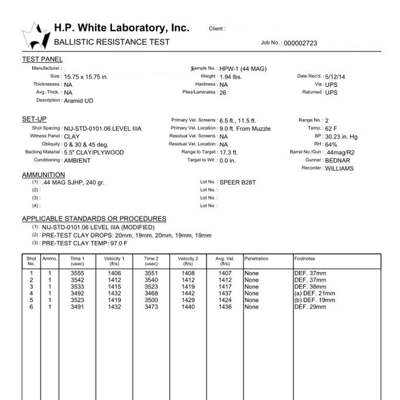 Ballistic resistance test report from H.P. White Laboratory, Inc.