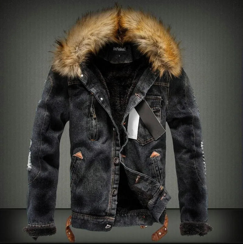 LΛWLΞSS Men's Winter Denim Jacket - Fleece Lined Fur Collar Jean Coat