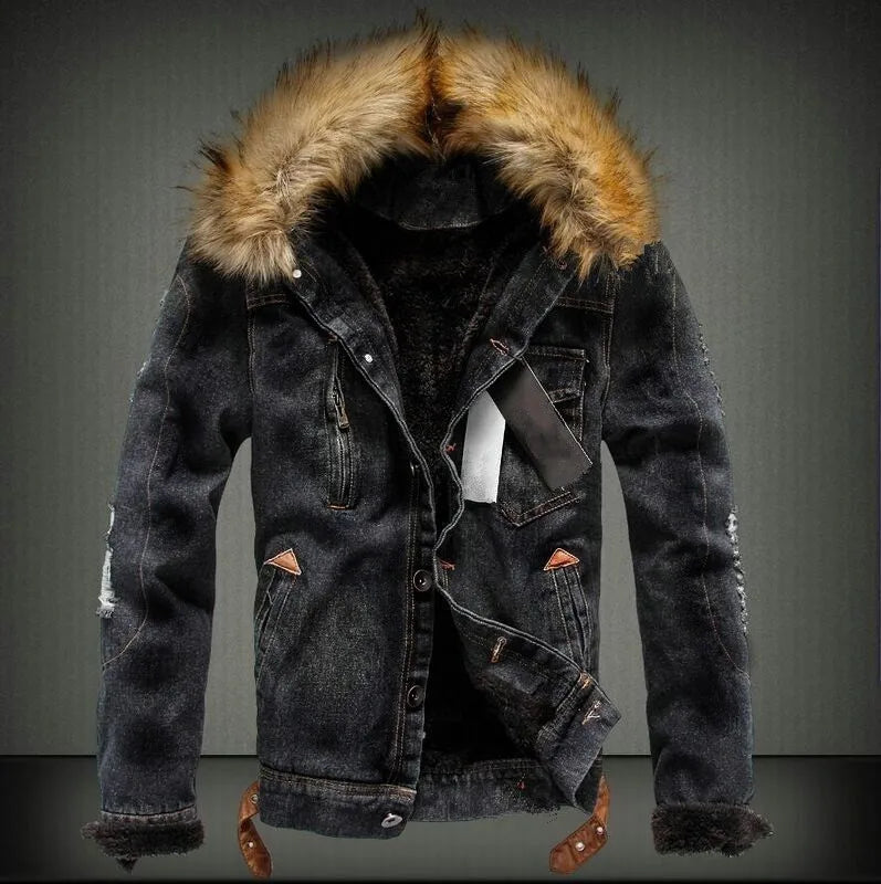 LΛWLΞSS Men's Winter Denim Jacket - Fleece Lined Fur Collar Jean Coat