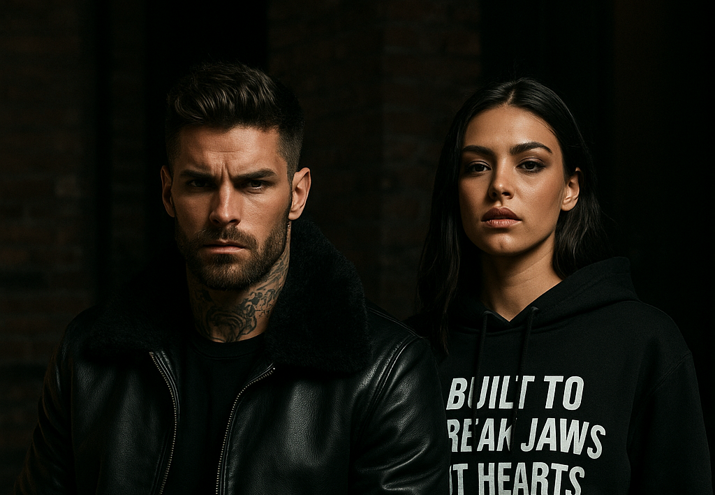 Two people in dark clothing with a focus on text on a black background