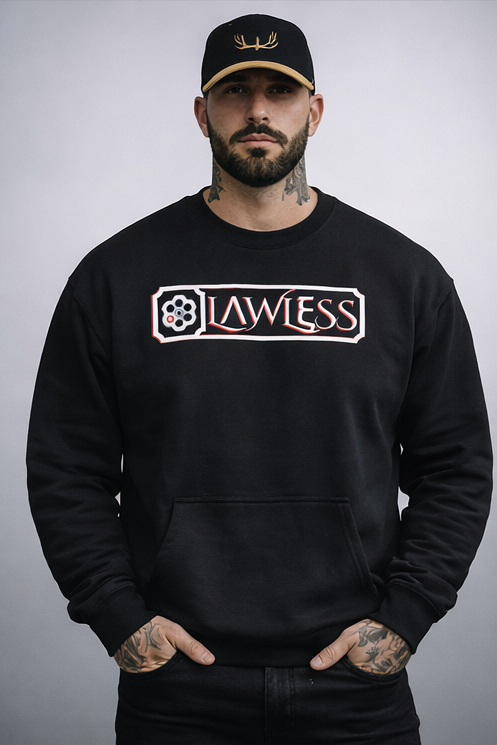 Man wearing LAWLESS outlaw crewneck sweater front view heavyweight pullover streetwear
