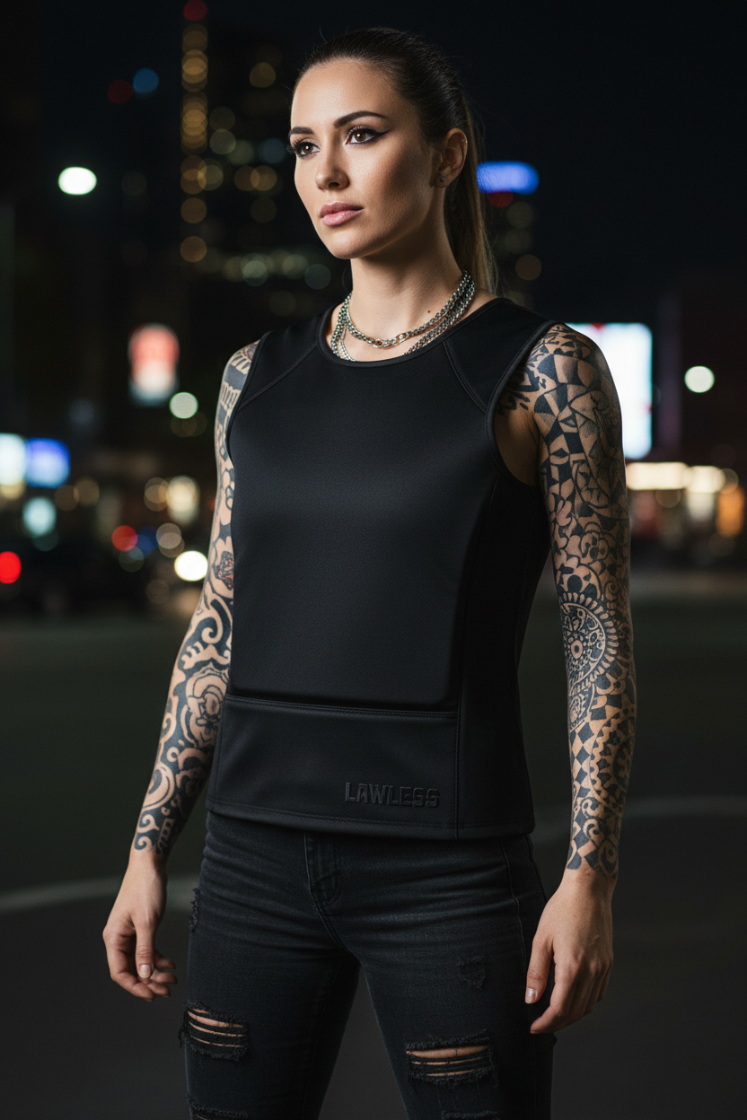 Woman with tattoos wearing a black sleeveless top and jeans on a city street at night.