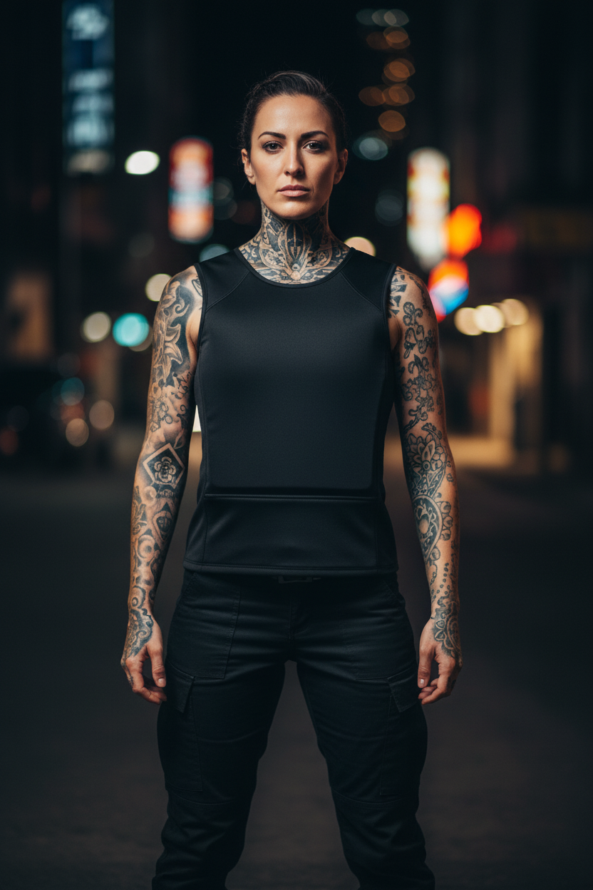 Person wearing a black sleeveless top and pants with tattoos on a blurred city street background