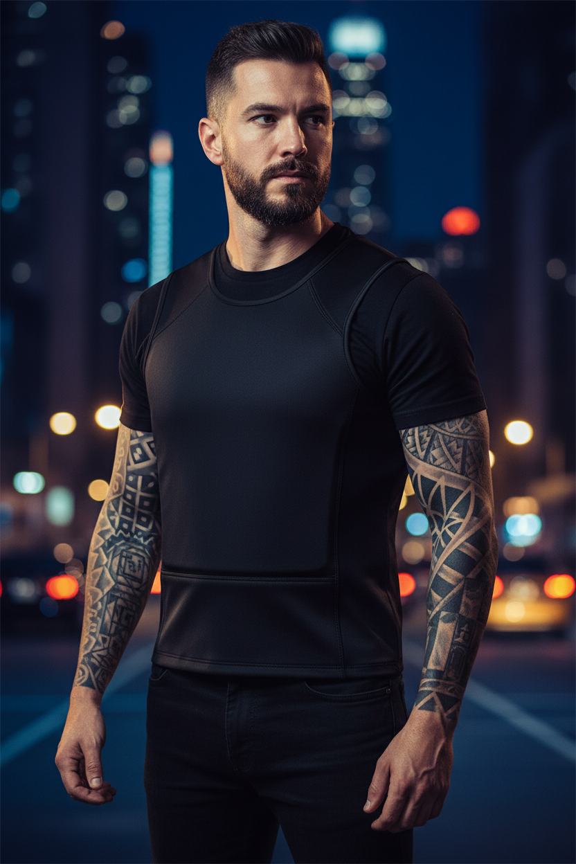 LAWLESS bulletproof vest tattooed model angle view