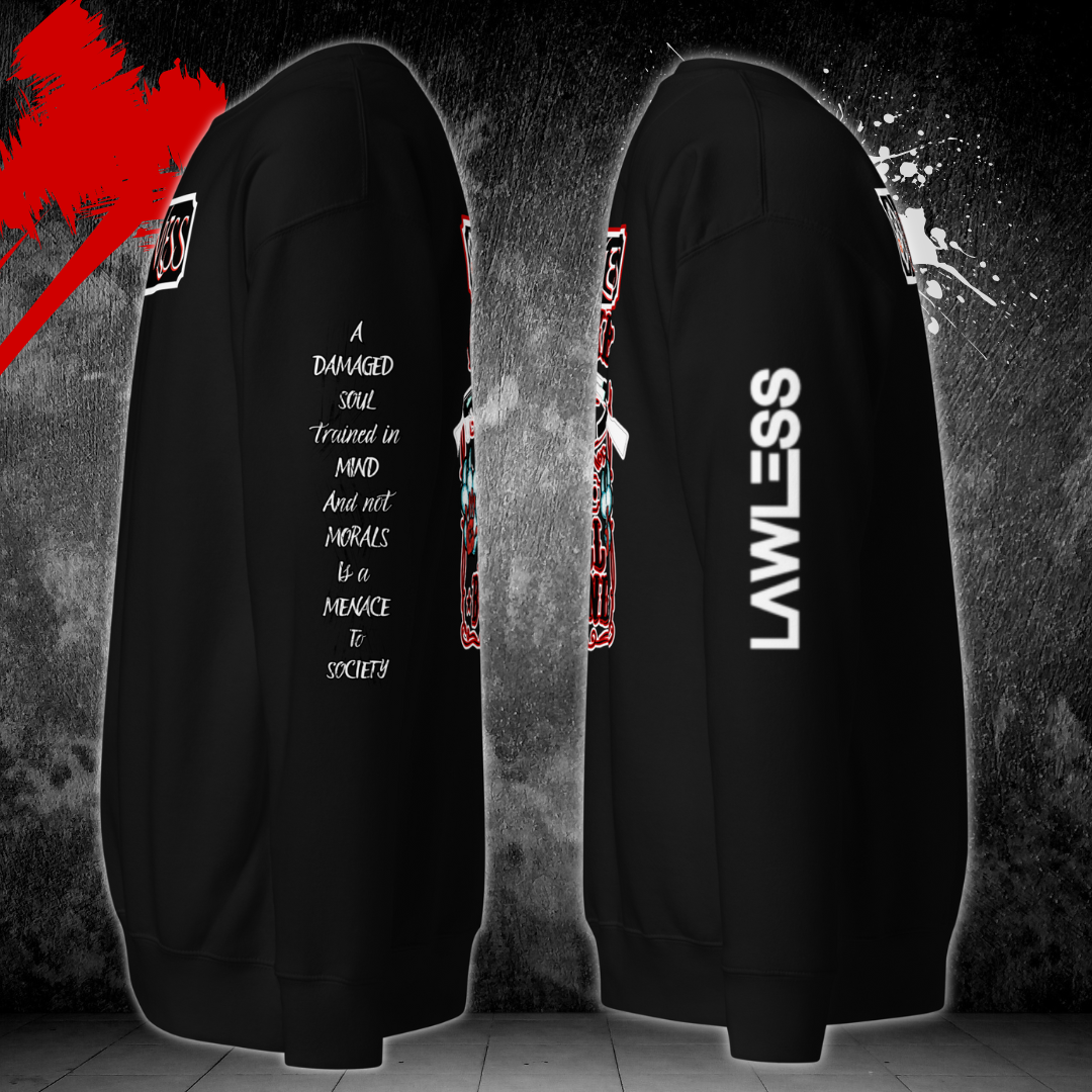 LAWLESS black crewneck sweatshirt with box logo premium outlaw streetwear LAWLESS black crewneck sweatshirt sleeve text detail outlaw streetwearLAWLESS black crewneck sweatshirt back graphic whiskey bent hell bound designLAWLESS black crewneck sweatshirt sleeve branding detail



