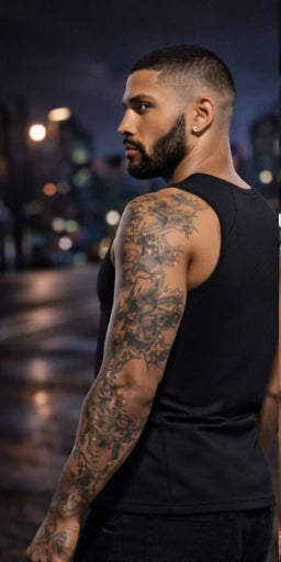 Man with tattoos on his arm standing in an urban night setting