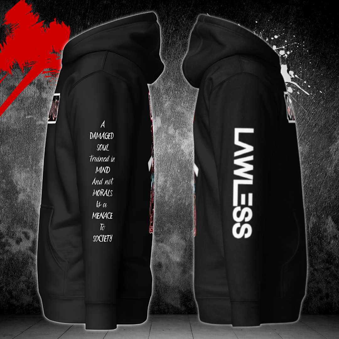 LAWLESS outlaw hoodie black sleeve print detail typography heavyweight pullover streetwear
