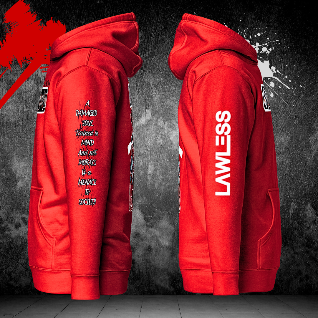 LAWLESS outlaw hoodie red sleeve print detail typography heavyweight pullover streetwear
