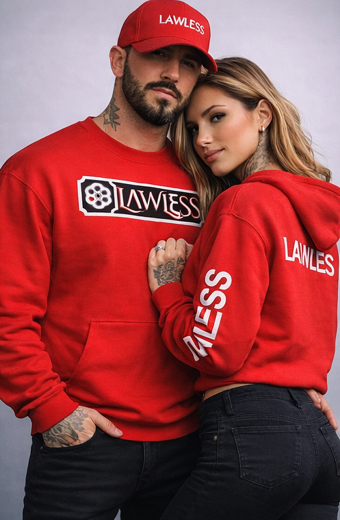 Couple wearing LAWLESS Whiskey Bent hoodies unisex streetwear rebellious apparel