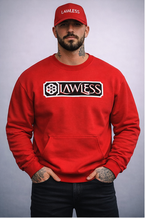 Man wearing red LAWLESS outlaw crewneck sweater front view heavyweight pullover streetwear
