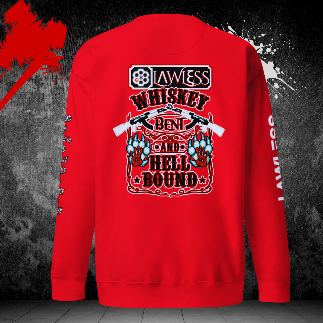 LAWLESS Whiskey Bent Hell Bound crewneck sweater back graphic outlaw streetwear black heavyweight