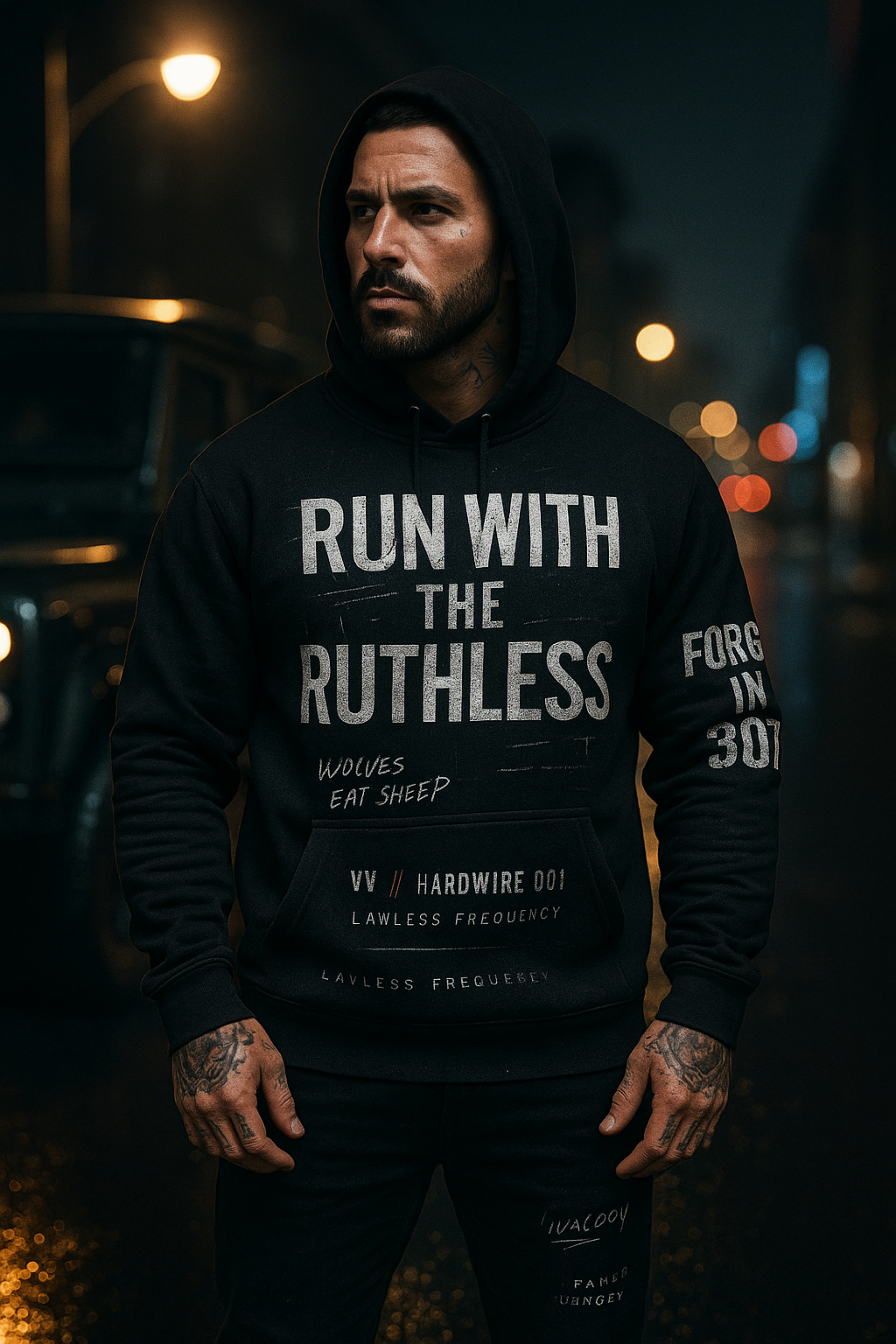 Man wearing black Lawless hoodie standing on city street at night mens streetwear apparel