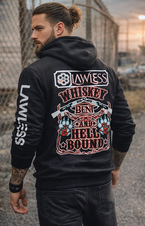 LAWLESS Whiskey Bent Hell Bound black hoodie back graphic mens heavyweight pullover outlaw streetwear
