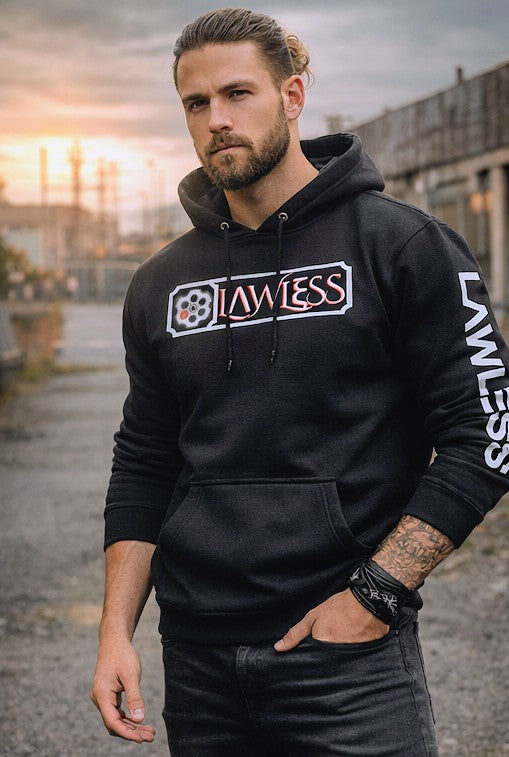 Black LAWLESS outlaw hoodie mens pullover front chest logo heavyweight streetwear hoodie
