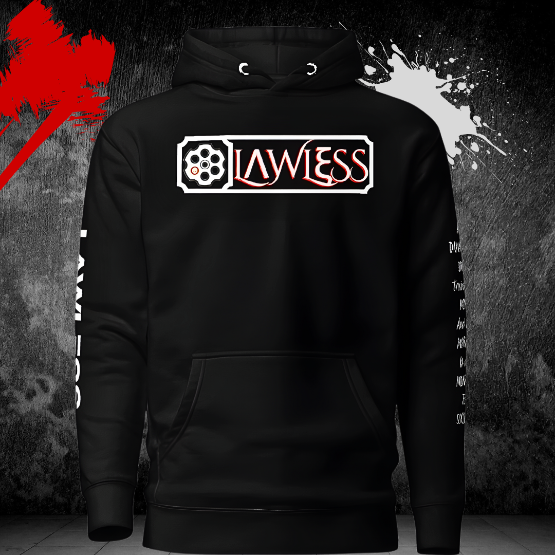 LAWLESS Whiskey Bent black hoodie front view chest branding heavyweight pullover outlaw streetwear
