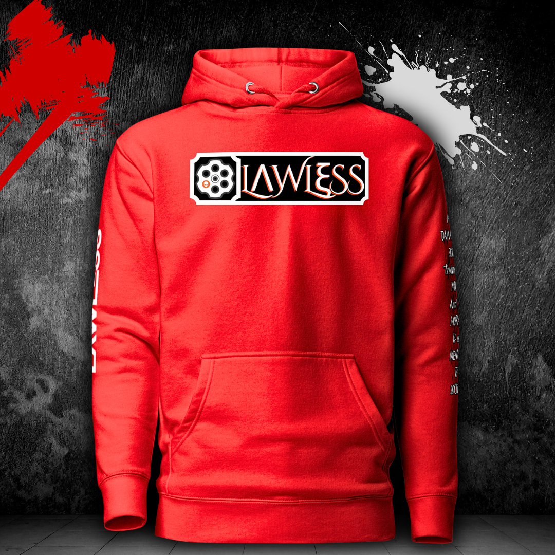 LAWLESS Whiskey Bent red hoodie front view chest branding heavyweight pullover outlaw streetwear
