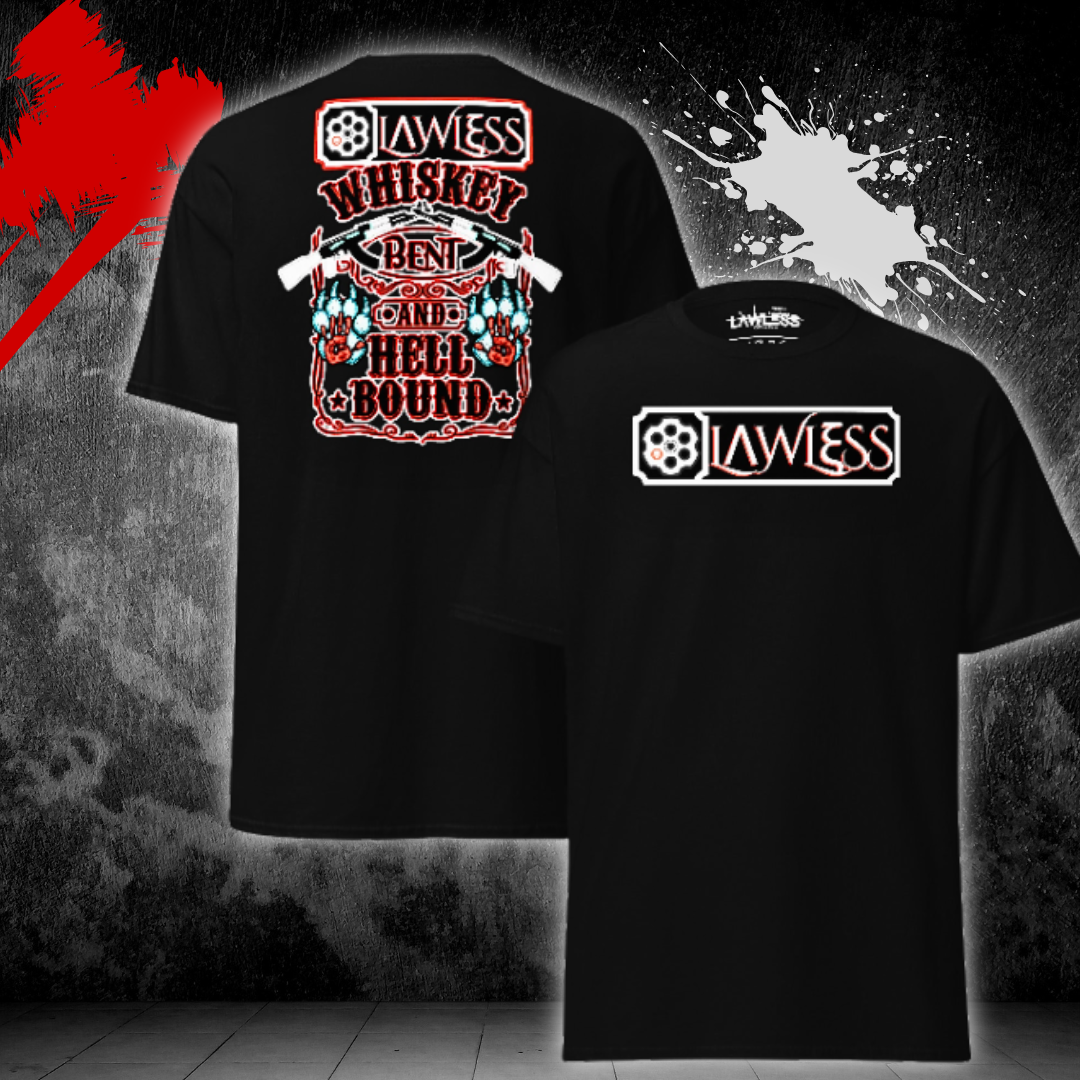 LAWLESS Whiskey Bent Hell Bound black t-shirt back graphic detail outlaw typography design
