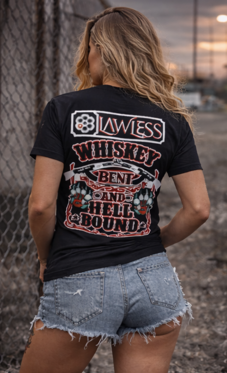Woman wearing LAWLESS Whiskey Bent Hell Bound black t-shirt back graphic outlaw streetwear
