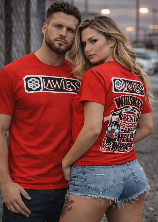 Couple wearing red LAWLESS Whiskey Bent t-shirts unisex outlaw streetwear tees
