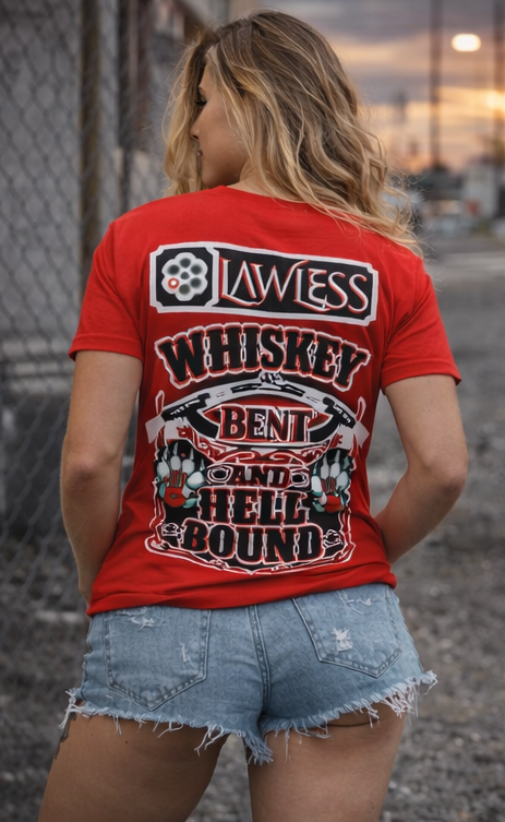 Woman wearing red LAWLESS Whiskey Bent Hell Bound t-shirt back graphic outlaw streetwear
