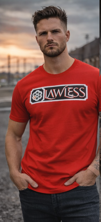 Man wearing red LAWLESS outlaw t-shirt front logo heavyweight streetwear tee
