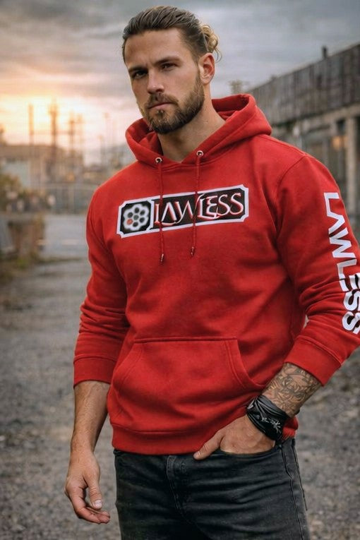 Red LAWLESS outlaw hoodie mens pullover front logo heavyweight streetwear hoodie
