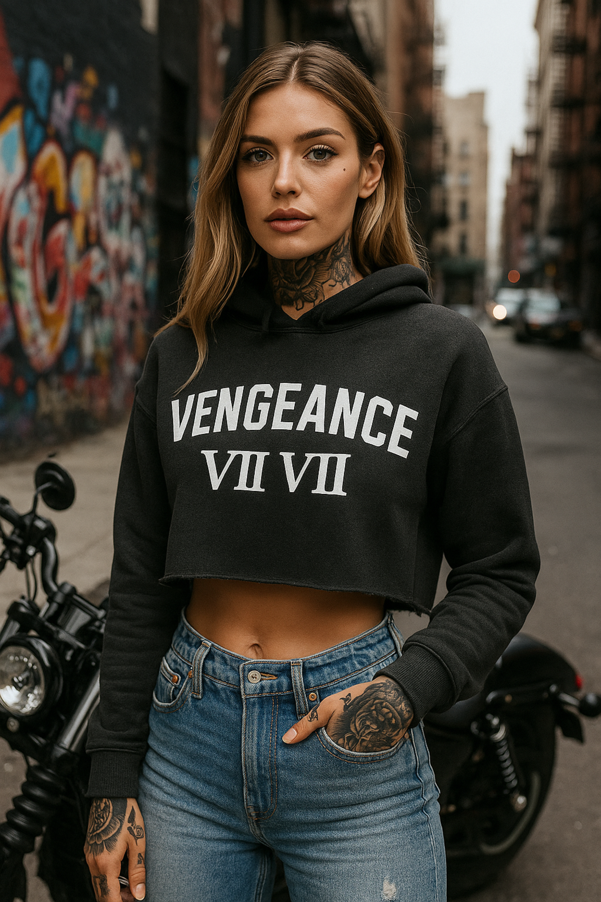 Woman wearing cropped black Lawless hoodie standing in urban alley streetwear fashion
