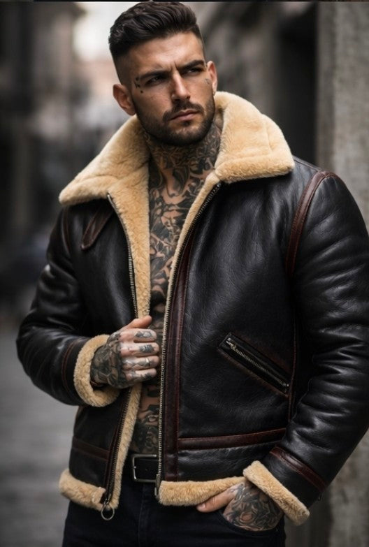 Man wearing a brown leather jacket with fur lining in an urban setting