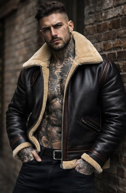 Man wearing a black leather jacket with beige fur lining against a brick wall.