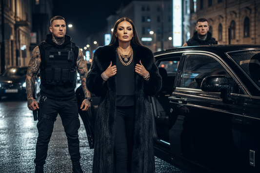 Woman in a black coat standing next to a black car with two men in tactical gear on a city street at night.